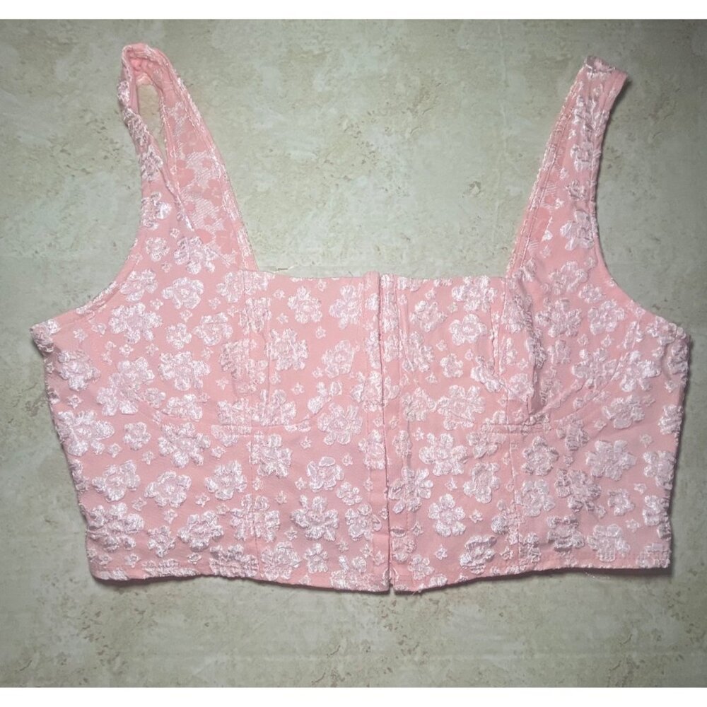 Pink Floral‎ Lace Corset Top With Hook Closures & Smocked Back Festival Coquette